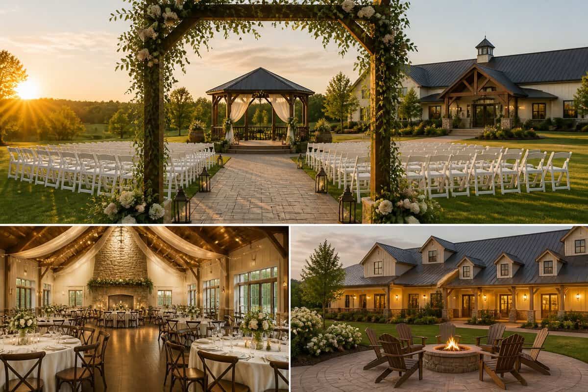 An elegant wedding venue with landscaped grounds, a ceremony arch, white chairs, and a decorated reception area.