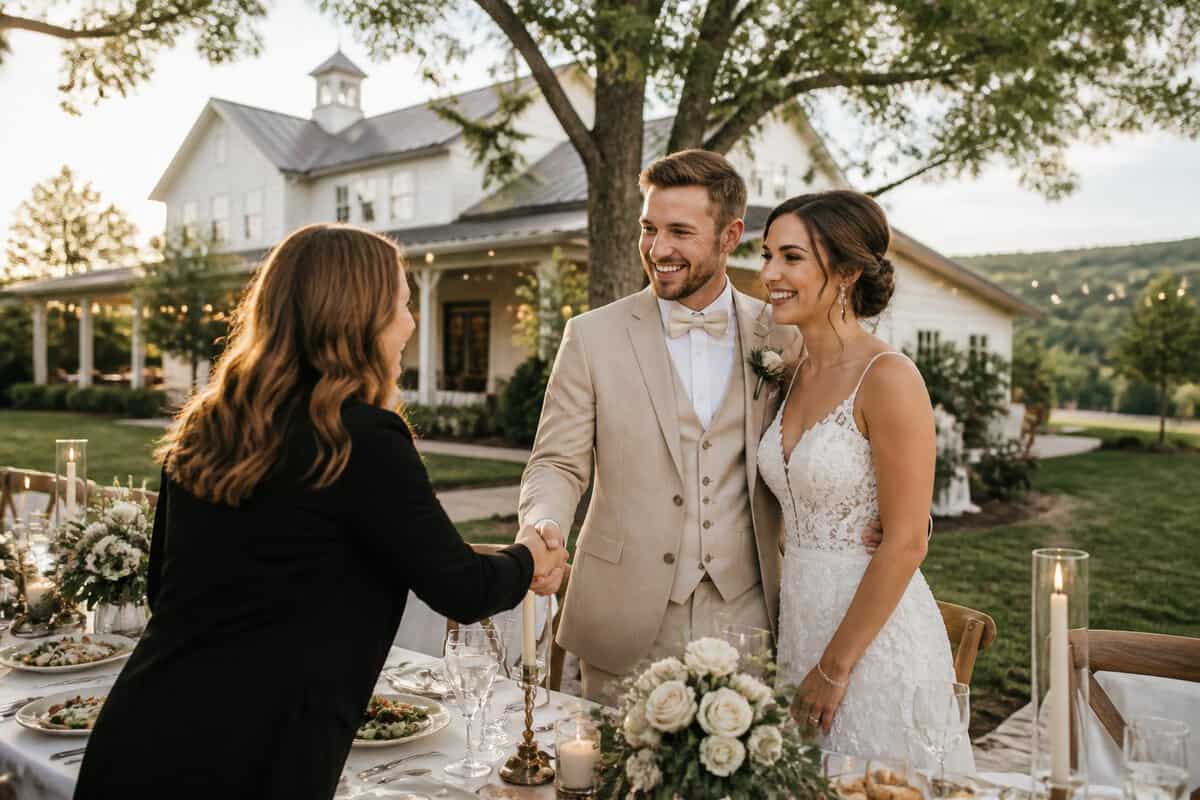 A newlywed couple greets a wedding coordinator at an elegant outdoor reception venue.