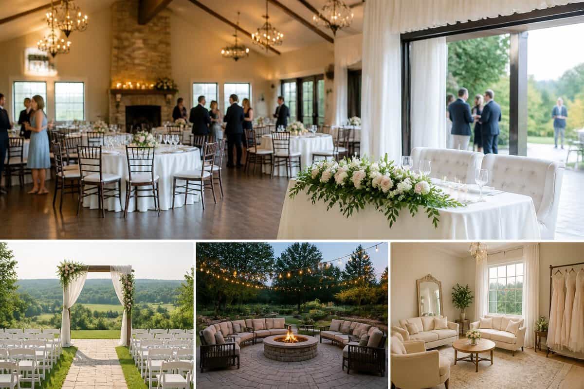 An elegant wedding venue showing an indoor reception space opening onto a scenic outdoor garden.
