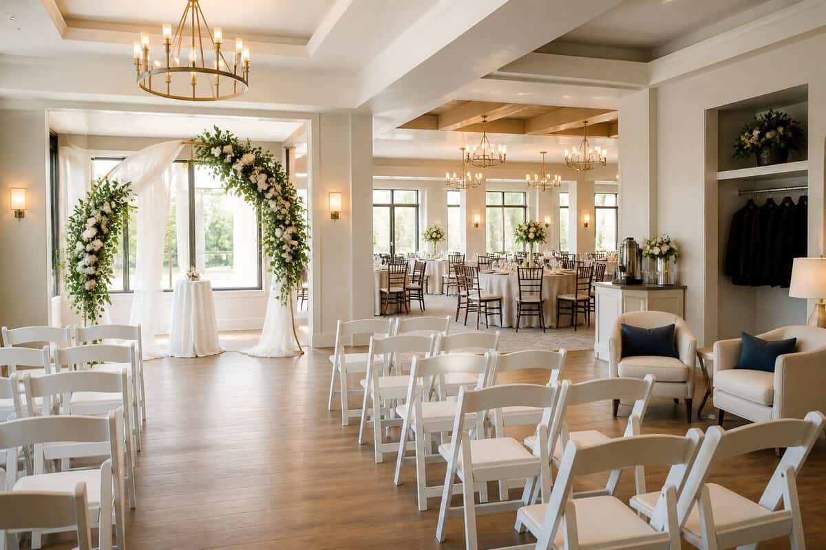 An elegant wedding venue showing a decorated ceremony area beside a comfortable reception space.