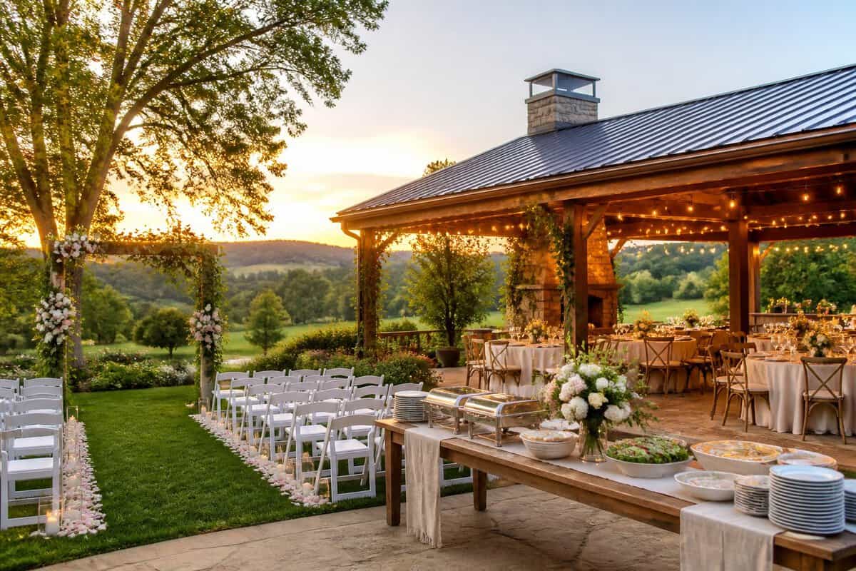 Elegant wedding venue with a decorated outdoor ceremony area, reception pavilion, and landscaped countryside surroundings.