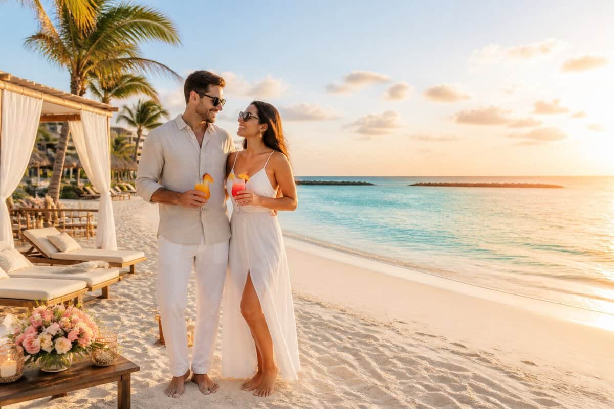 Newlywed couple relaxing on a sunny Aruba beach beside a luxury resort.