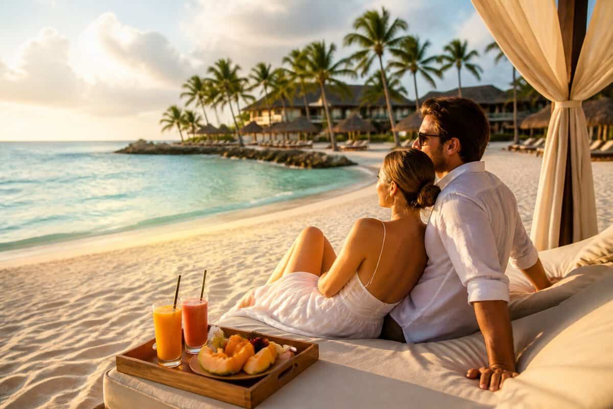 Newlywed couple relaxing beside a turquoise Caribbean beach at a luxurious Aruba resort.