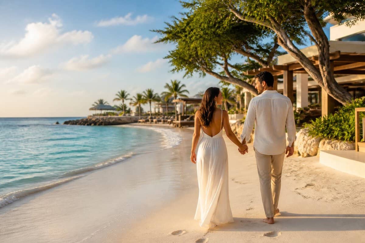 A newlywed couple walks hand in hand along a sunny beach beside a tropical resort.