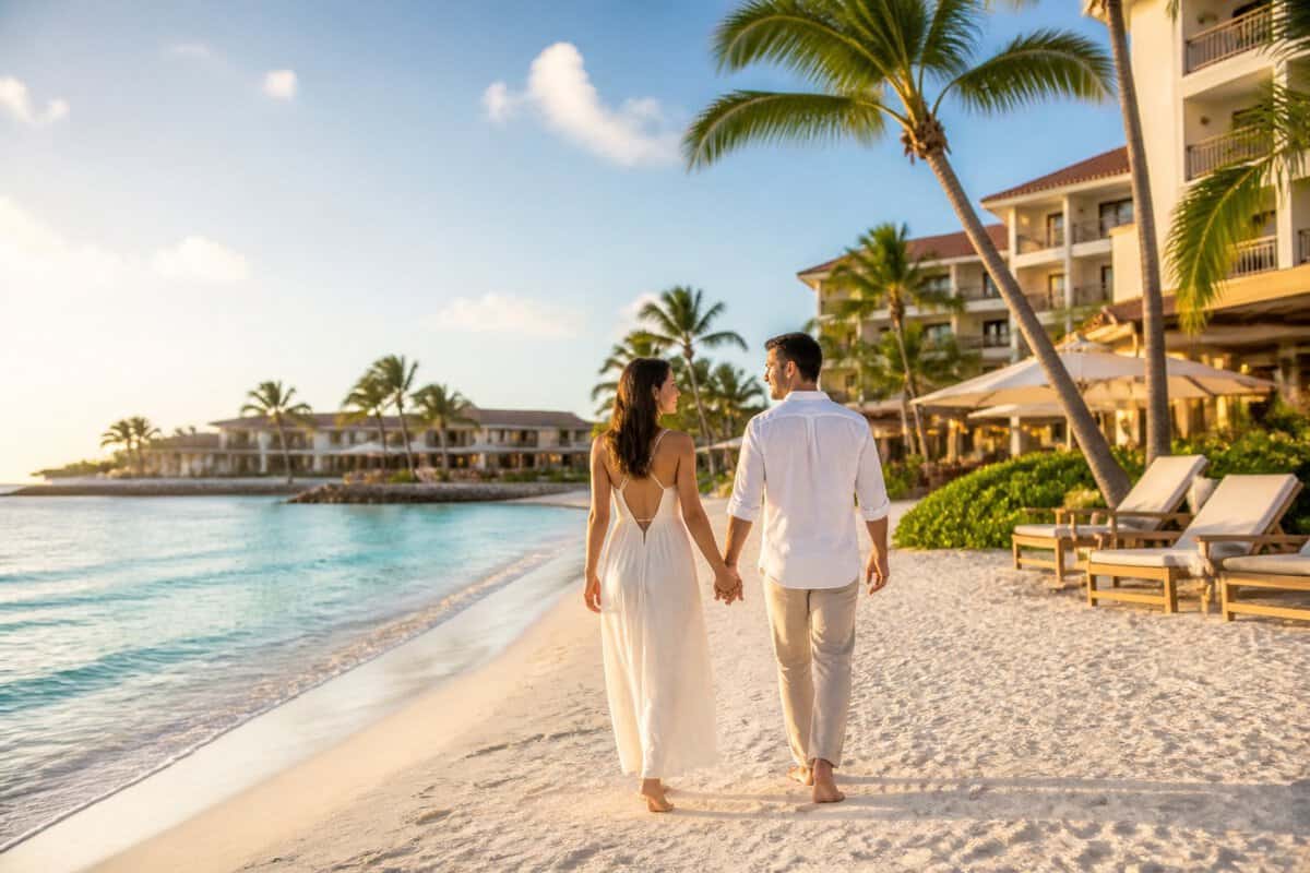 A newlywed couple walks hand in hand along a sandy Aruba beach near a tropical resort.