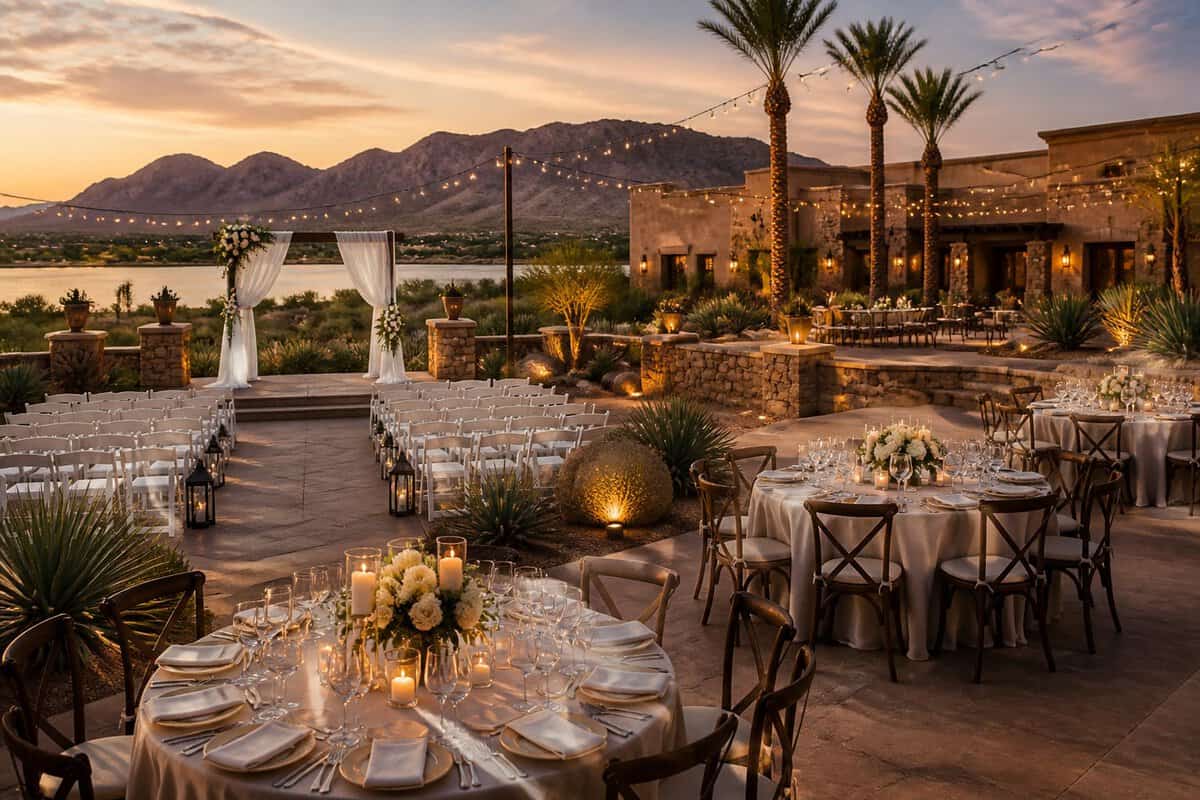 An elegant desert wedding venue with a floral ceremony arch, decorated reception tables, palm trees, and distant mountains.