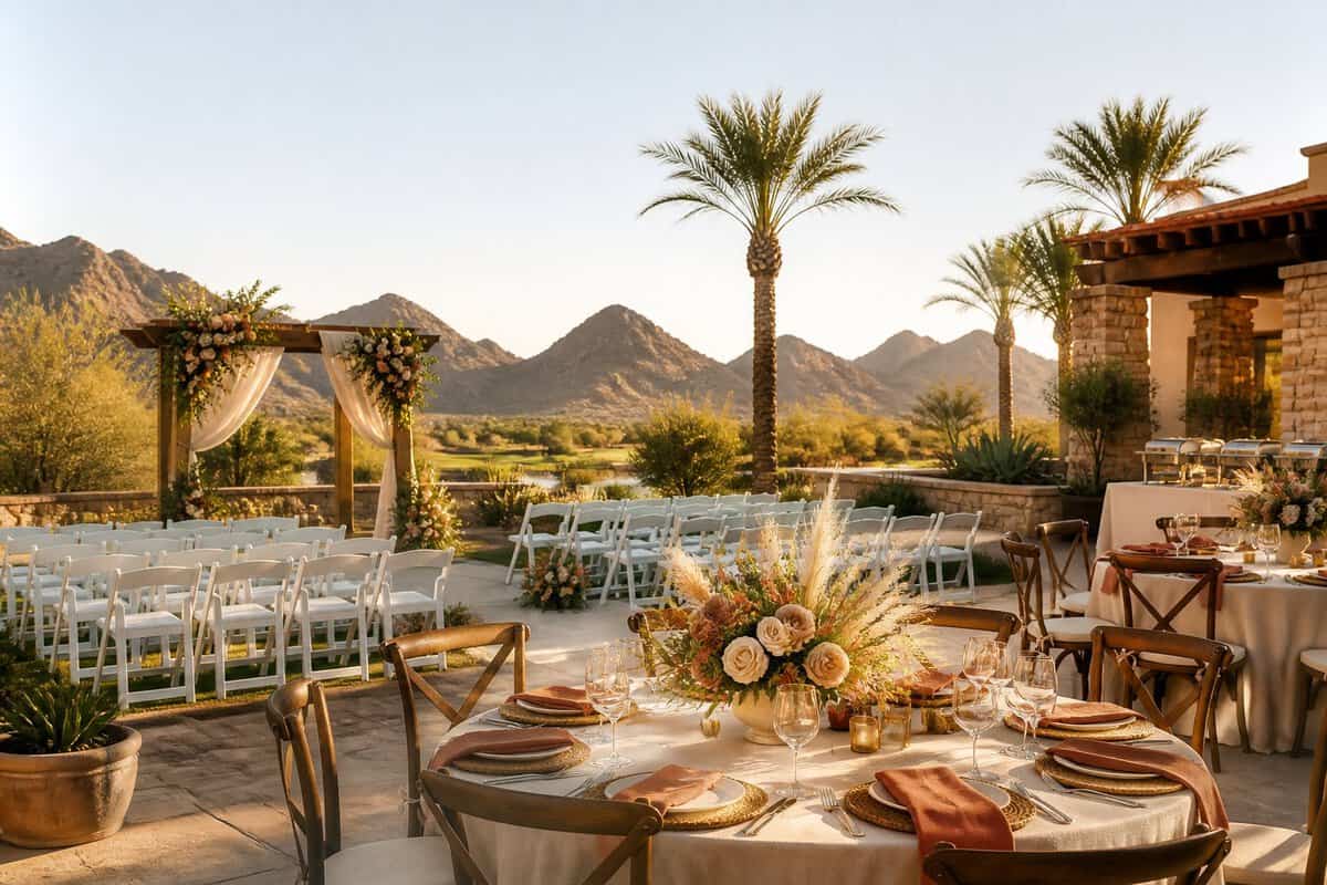 Elegant outdoor wedding ceremony and reception setup at a desert venue in Yuma, with floral décor, white chairs, and mountains in the background.