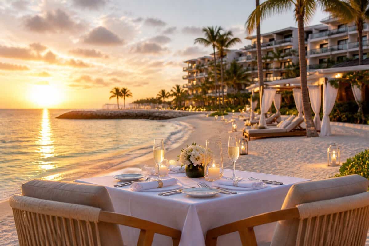 Romantic beachfront dinner for two at a luxury resort in Aruba.
