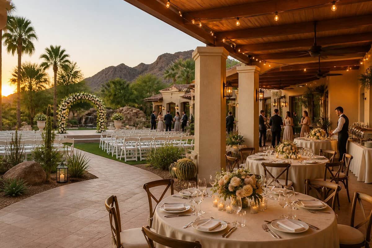 An elegant outdoor wedding ceremony and reception at a desert resort venue in Yuma.