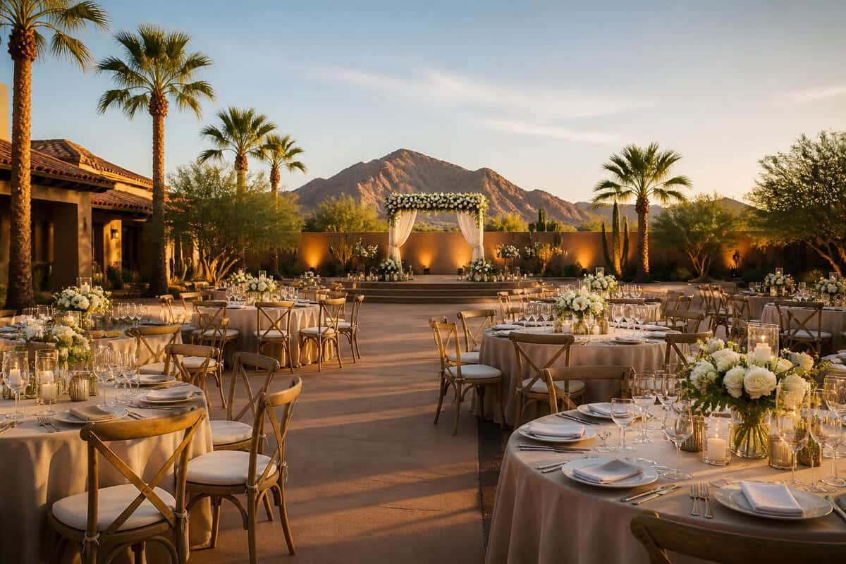 An elegant outdoor wedding reception venue with decorated tables, floral arrangements, warm lighting, palm trees, and desert mountains in the background.