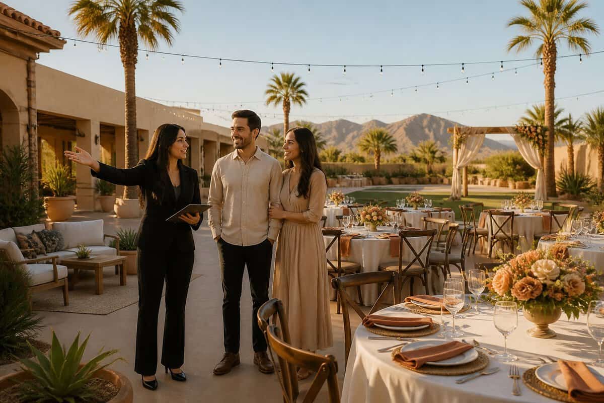 An engaged couple discusses a wedding venue layout with a coordinator in an outdoor reception space.