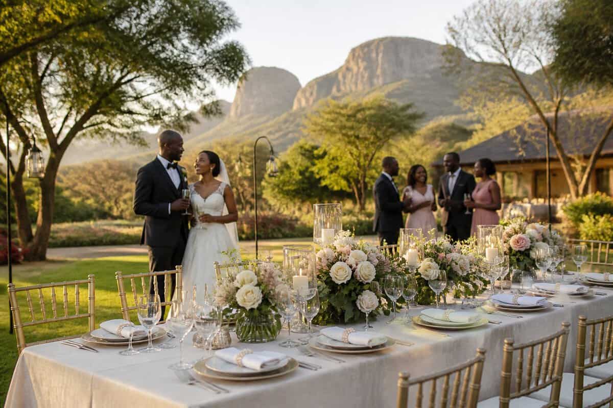 An elegant outdoor wedding reception at a lush Zimbabwean venue with decorated tables, the couple, and guests.