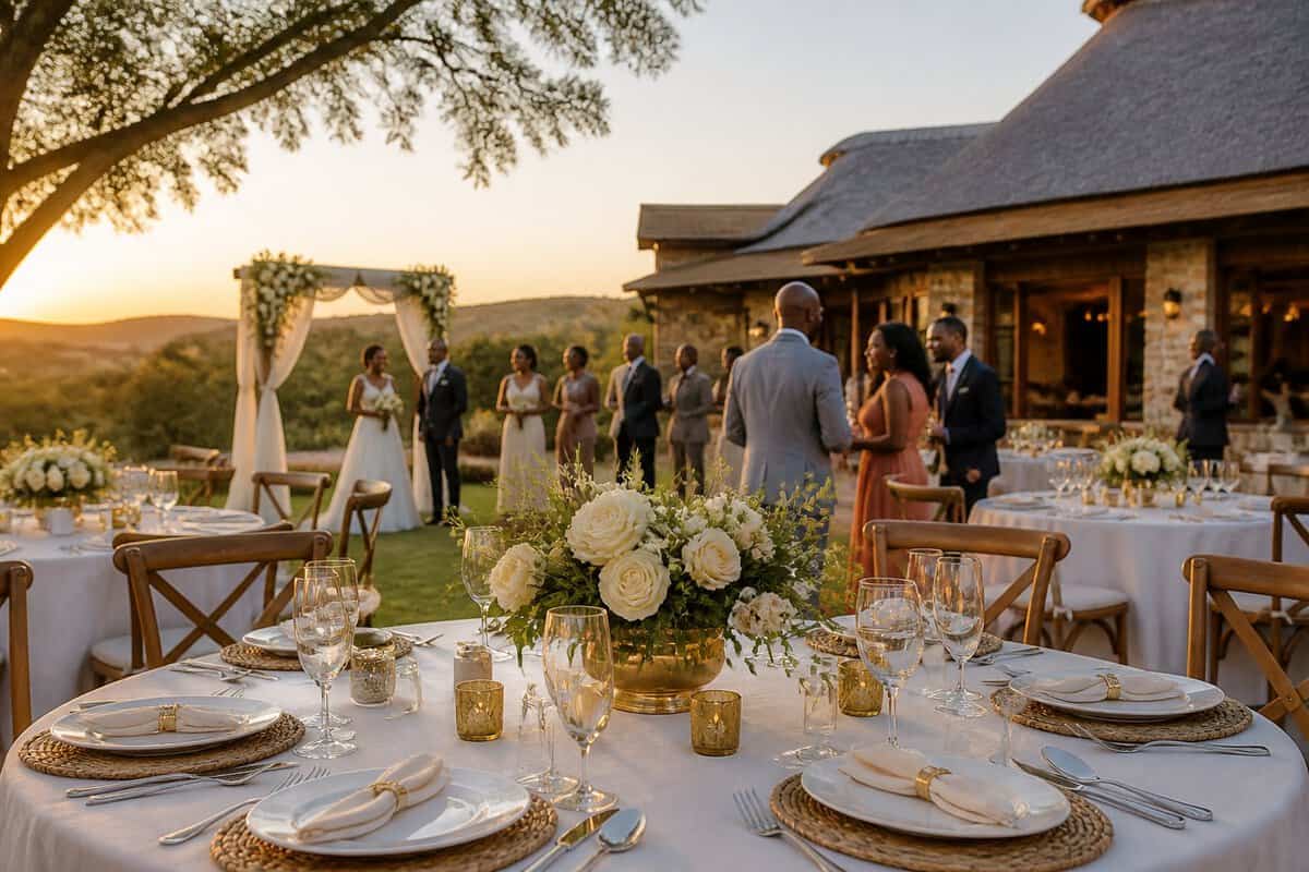 Elegant outdoor wedding reception at a landscaped Zimbabwean venue with decorated tables and a ceremony arch.