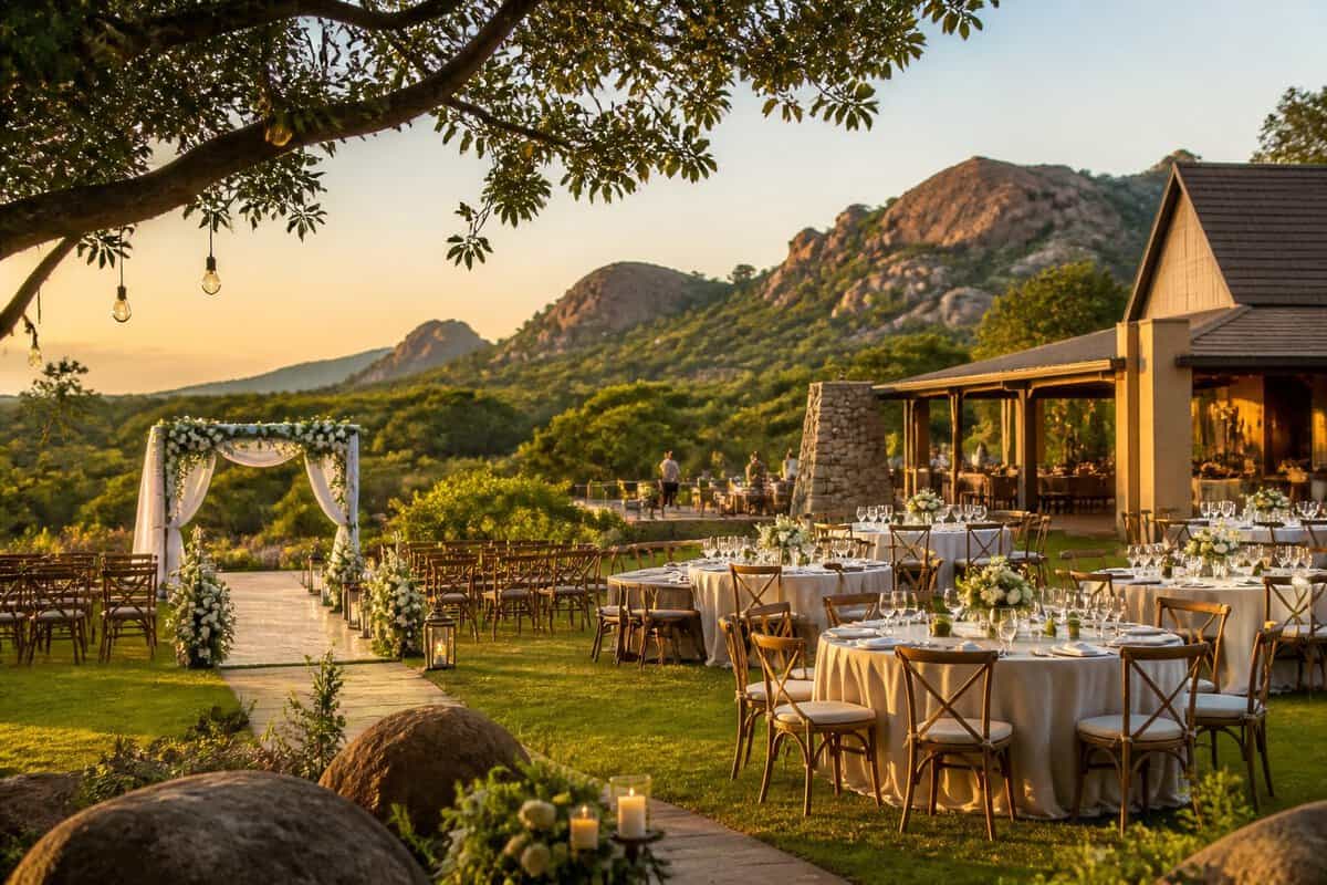 A decorated outdoor wedding venue with a ceremony arch, reception tables, gardens, and Zimbabwean scenery.