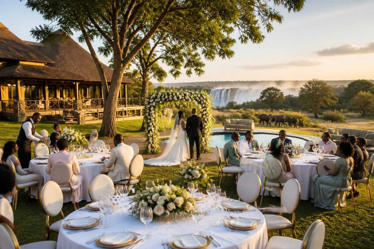 An elegant outdoor wedding reception at a Zimbabwean lodge surrounded by gardens, woodland, and scenic natural landscapes.