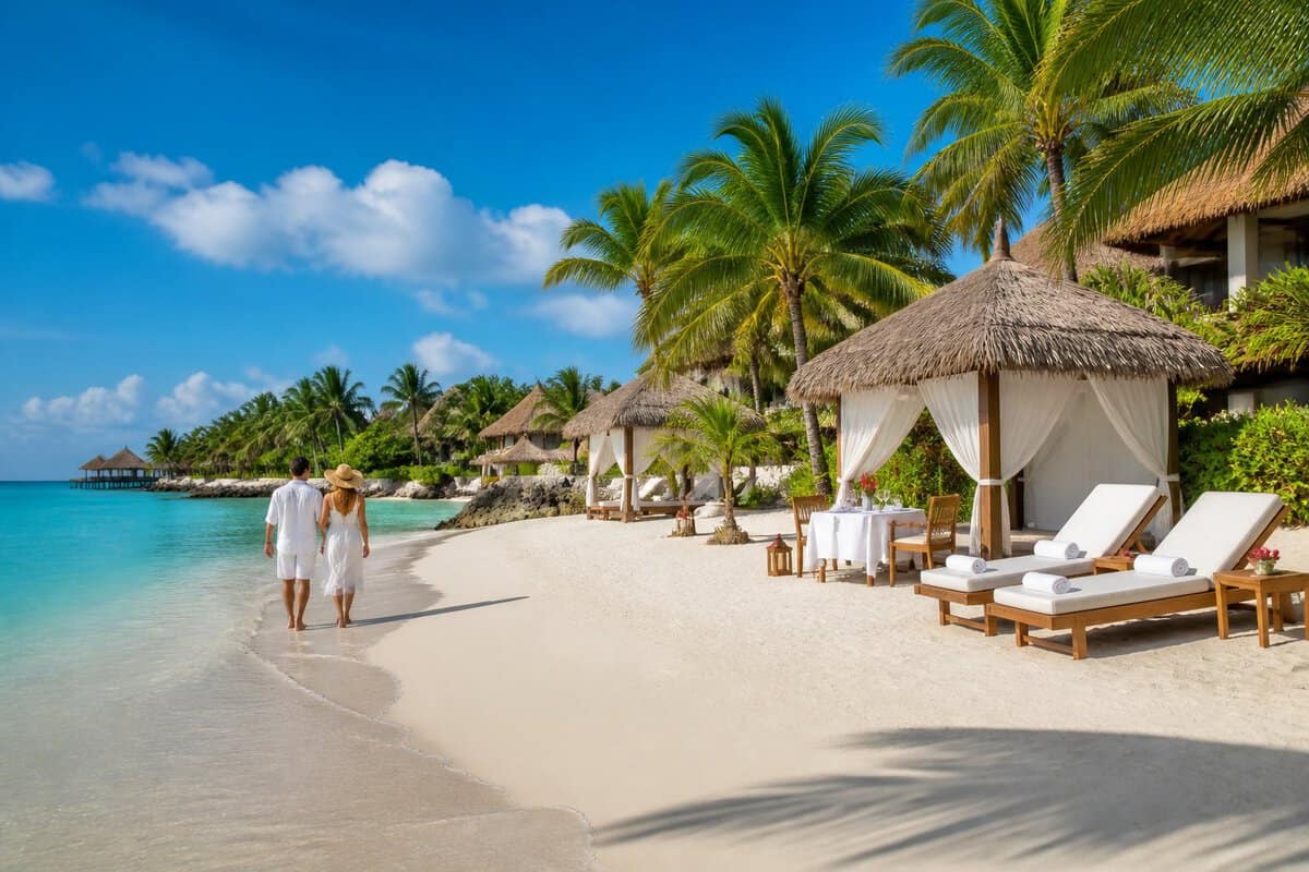 A newlywed couple walks along the shoreline beside a luxurious tropical beach resort.