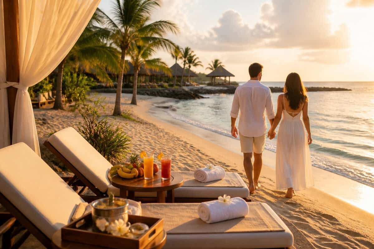A newlywed couple walks hand in hand beside a tropical beach resort with a private cabana, lounge chairs, drinks, and fresh fruit.
