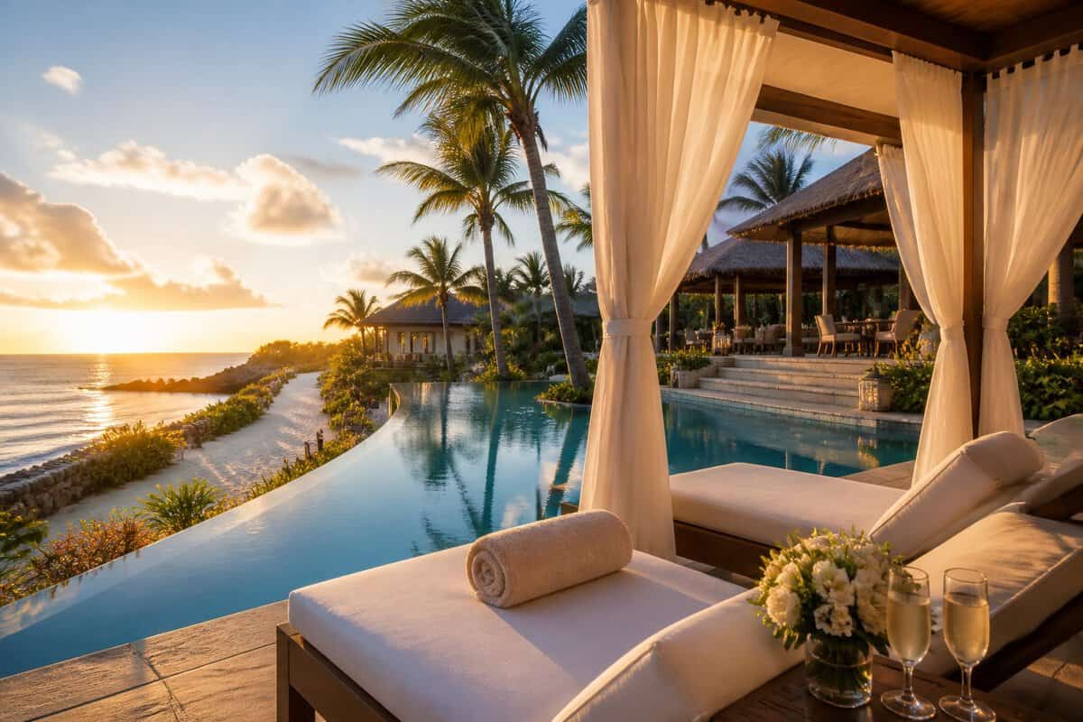 A tropical beachfront resort with an infinity pool, cabana, lounge chairs, and ocean views at sunset.