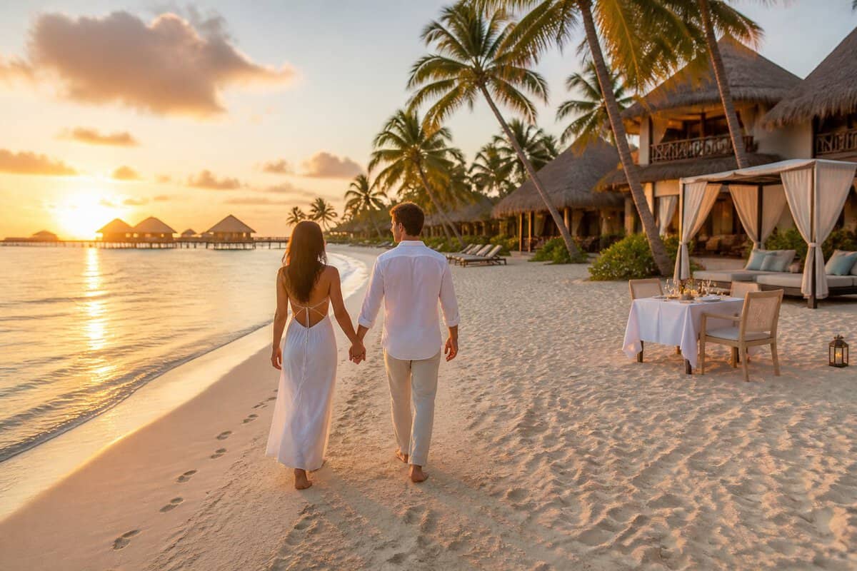 A newlywed couple walks hand in hand along a tropical beach beside a luxury resort.