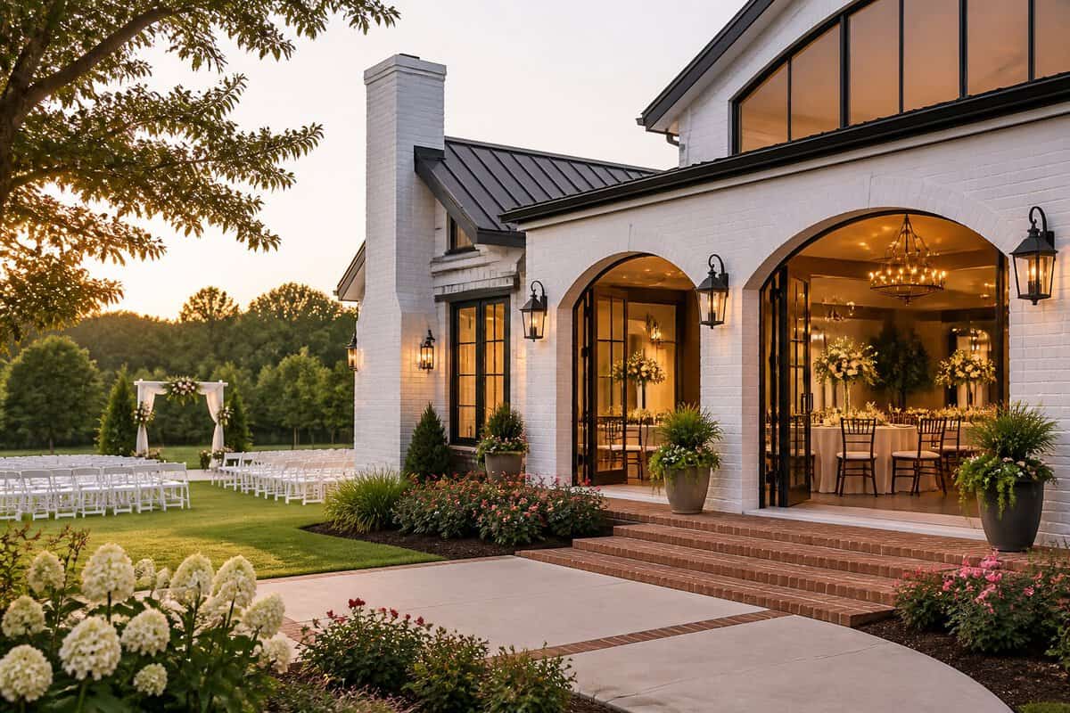 Elegant wedding venue with a landscaped lawn, outdoor ceremony area, and decorated reception space.