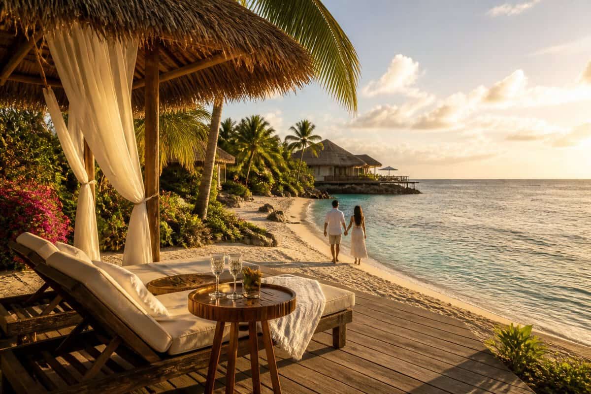 A couple walks hand in hand along a secluded tropical beach beside a luxurious resort villa.