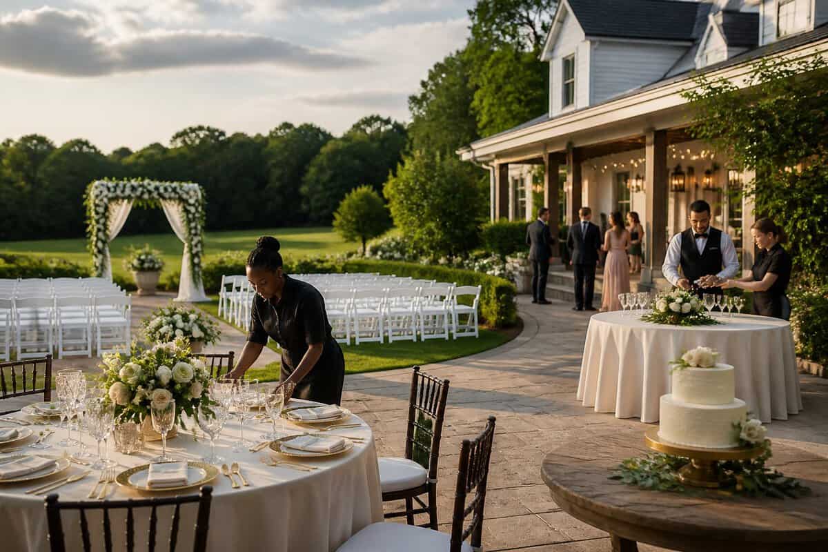 An elegant outdoor wedding venue with decorated tables, a ceremony arch, white chairs, and staff preparing the reception area.