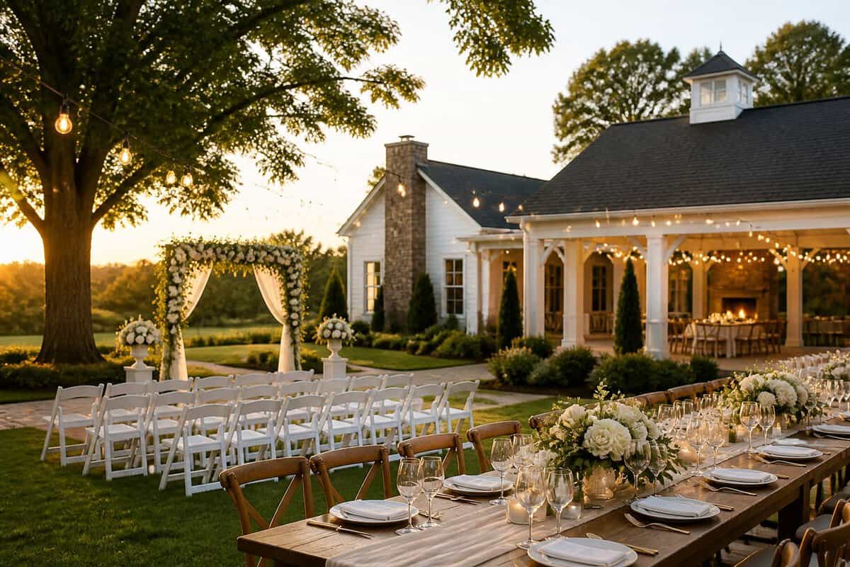 An elegant outdoor wedding venue with a floral ceremony arch, white chairs, landscaped grounds, and a decorated reception table.