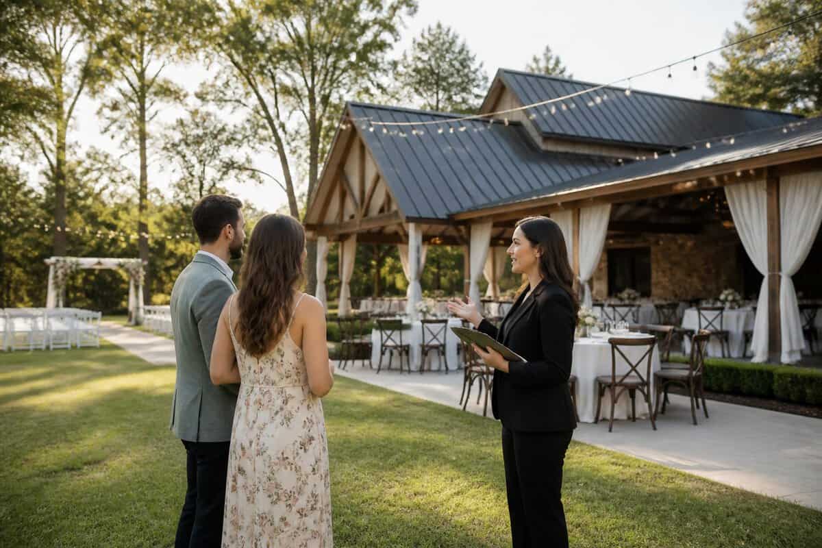 A couple discusses wedding venue options with a coordinator at an elegant outdoor reception venue.