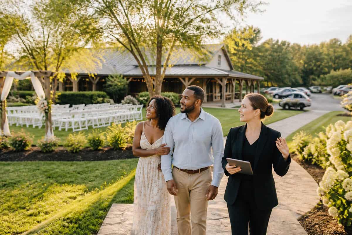 An engaged couple tours an elegant countryside wedding venue with a coordinator near Raleigh.