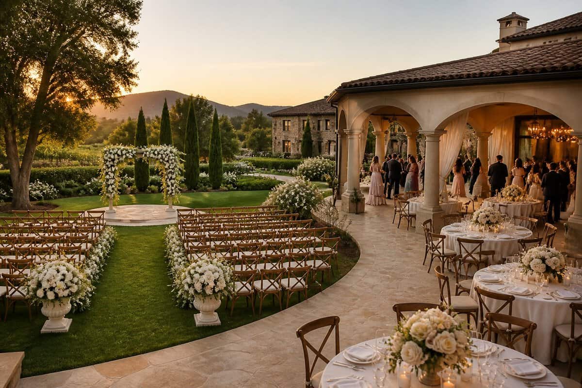 An elegant wedding ceremony and reception setup at a scenic all-inclusive venue.