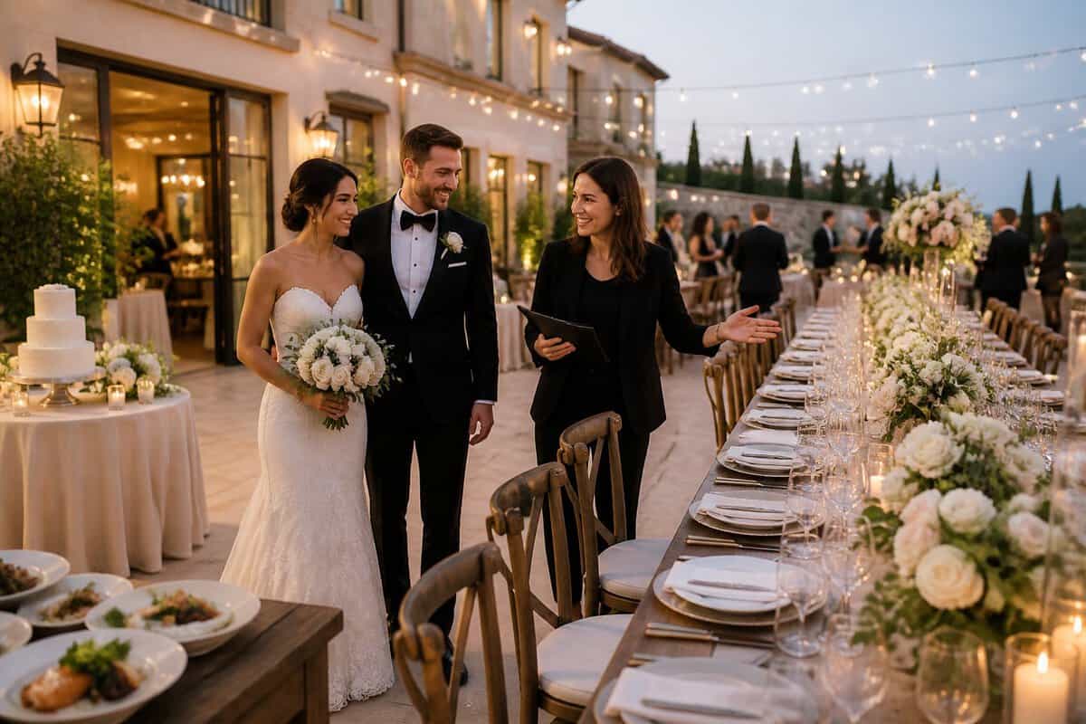 A couple and wedding coordinator review an elegantly prepared reception venue with dining tables, flowers, catering, and a wedding cake.