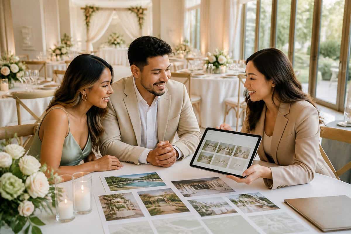 A couple consults with a wedding planner while comparing elegant all-inclusive venue options.
