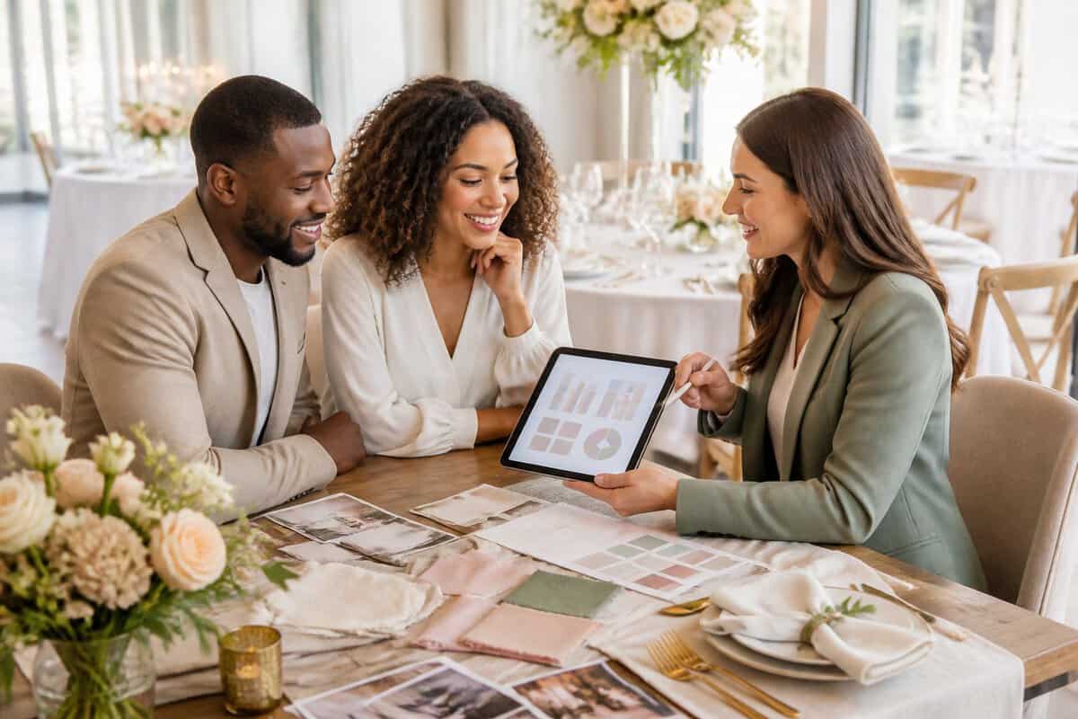 An engaged couple reviews wedding package options with a planner at an elegant venue.