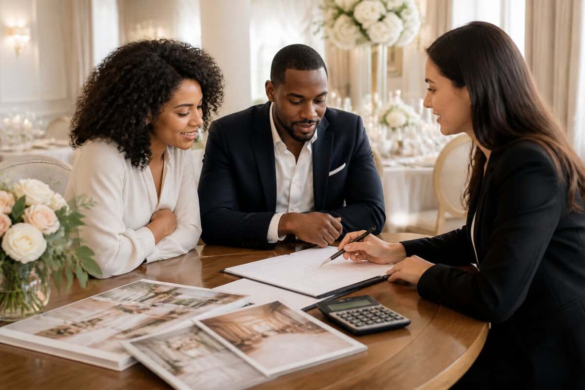 An engaged couple reviews a venue contract with a wedding coordinator at an elegant reception venue.
