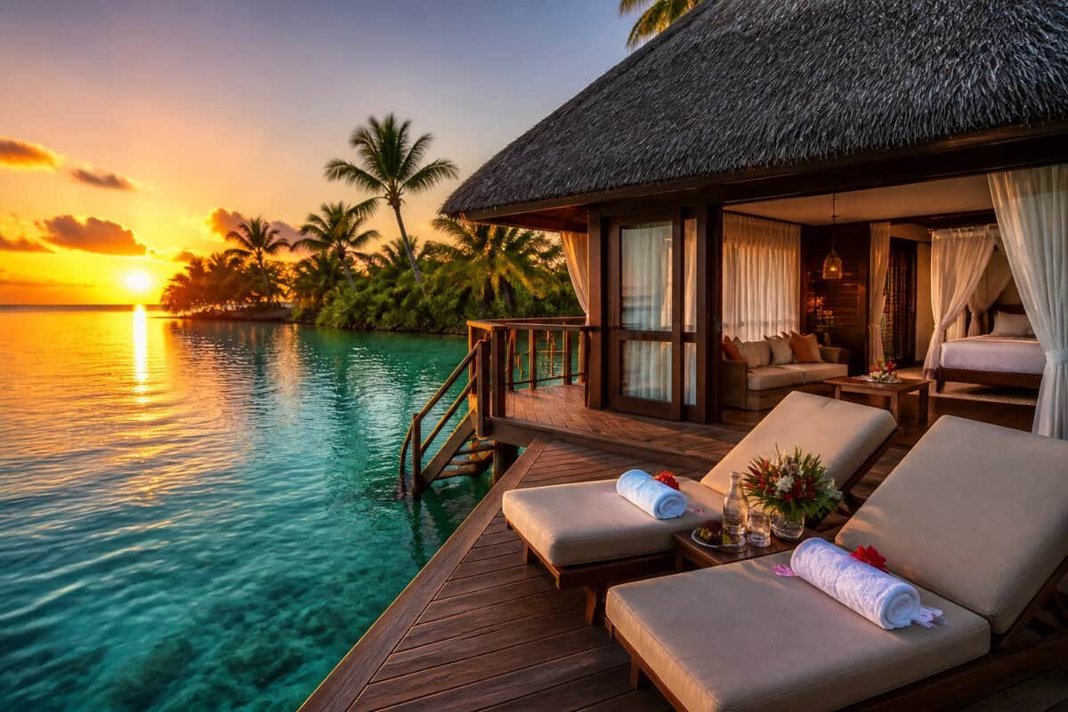 A luxurious overwater bungalow with a romantic deck overlooking a calm tropical lagoon at sunset.