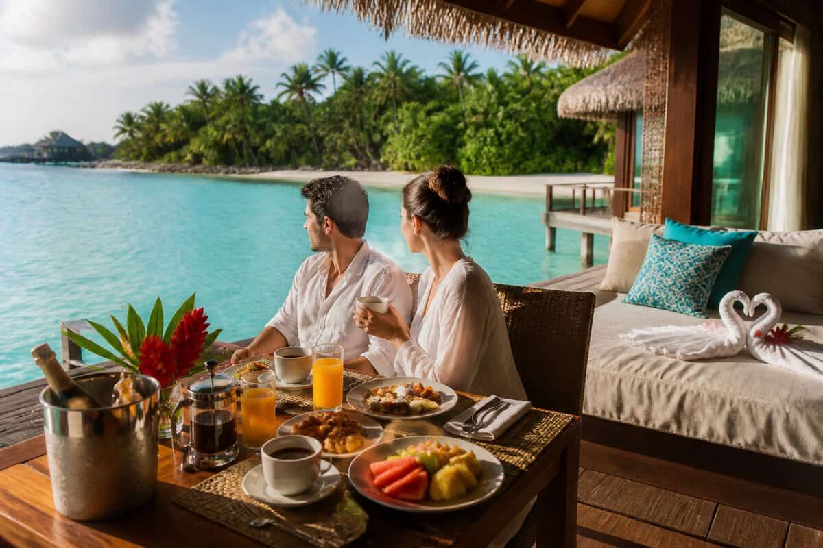 A couple relaxes on a tropical bungalow terrace beside breakfast and drinks overlooking turquoise water.