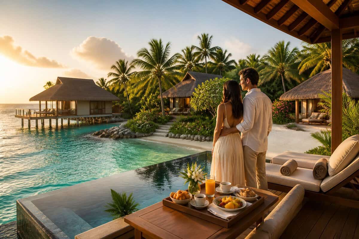 A couple admires tropical resort bungalows beside a turquoise lagoon.