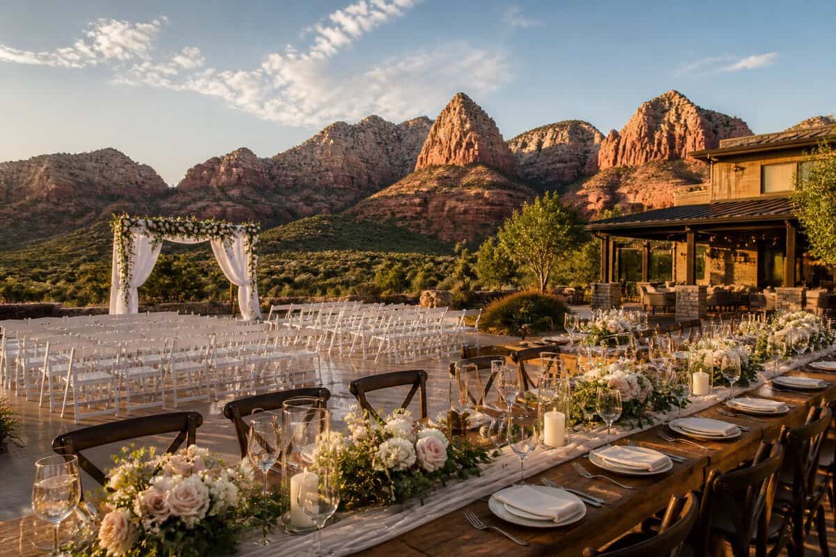 Elegant outdoor wedding venue with decorated ceremony chairs, reception tables, and red-rock mountains in the background.