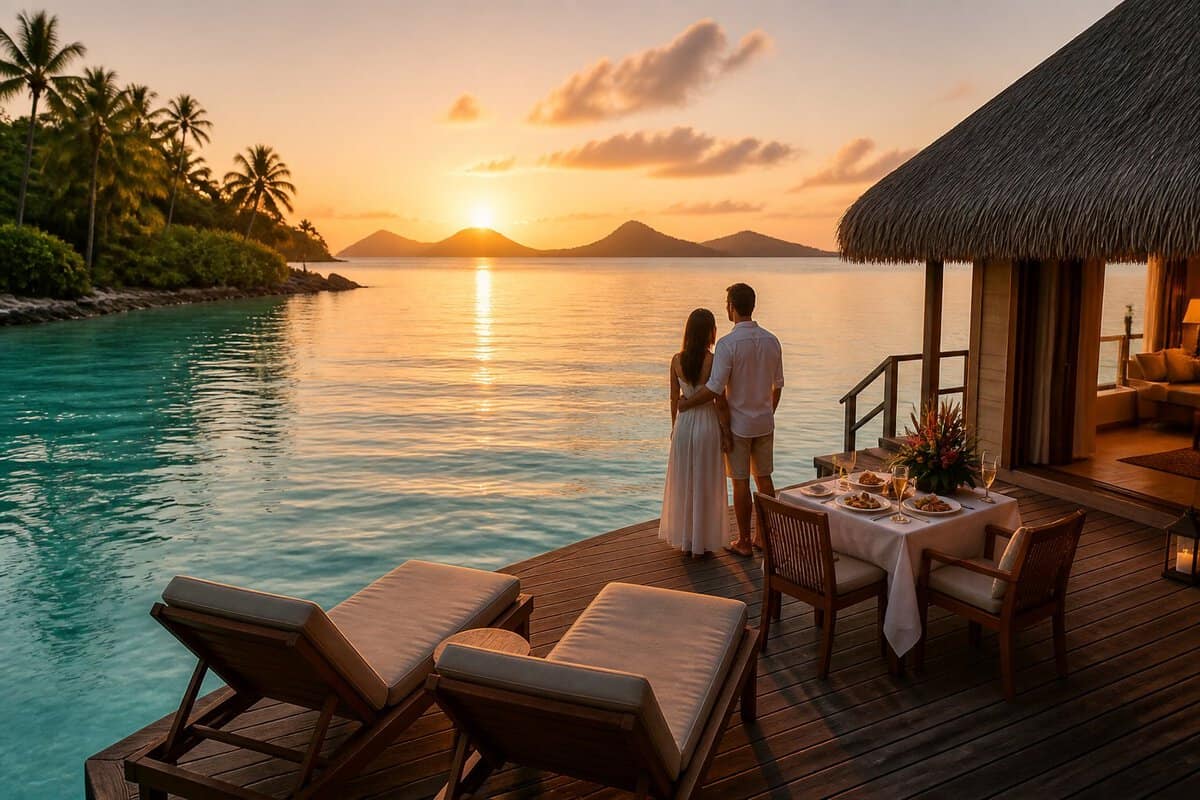 A couple watches the sunset from the deck of a tropical overwater bungalow surrounded by calm turquoise water.