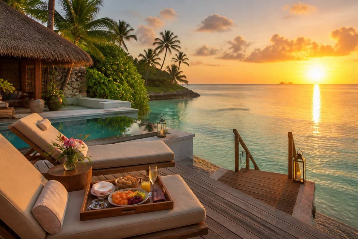 A secluded tropical bungalow with a private deck, breakfast tray, and calm turquoise water at sunset.