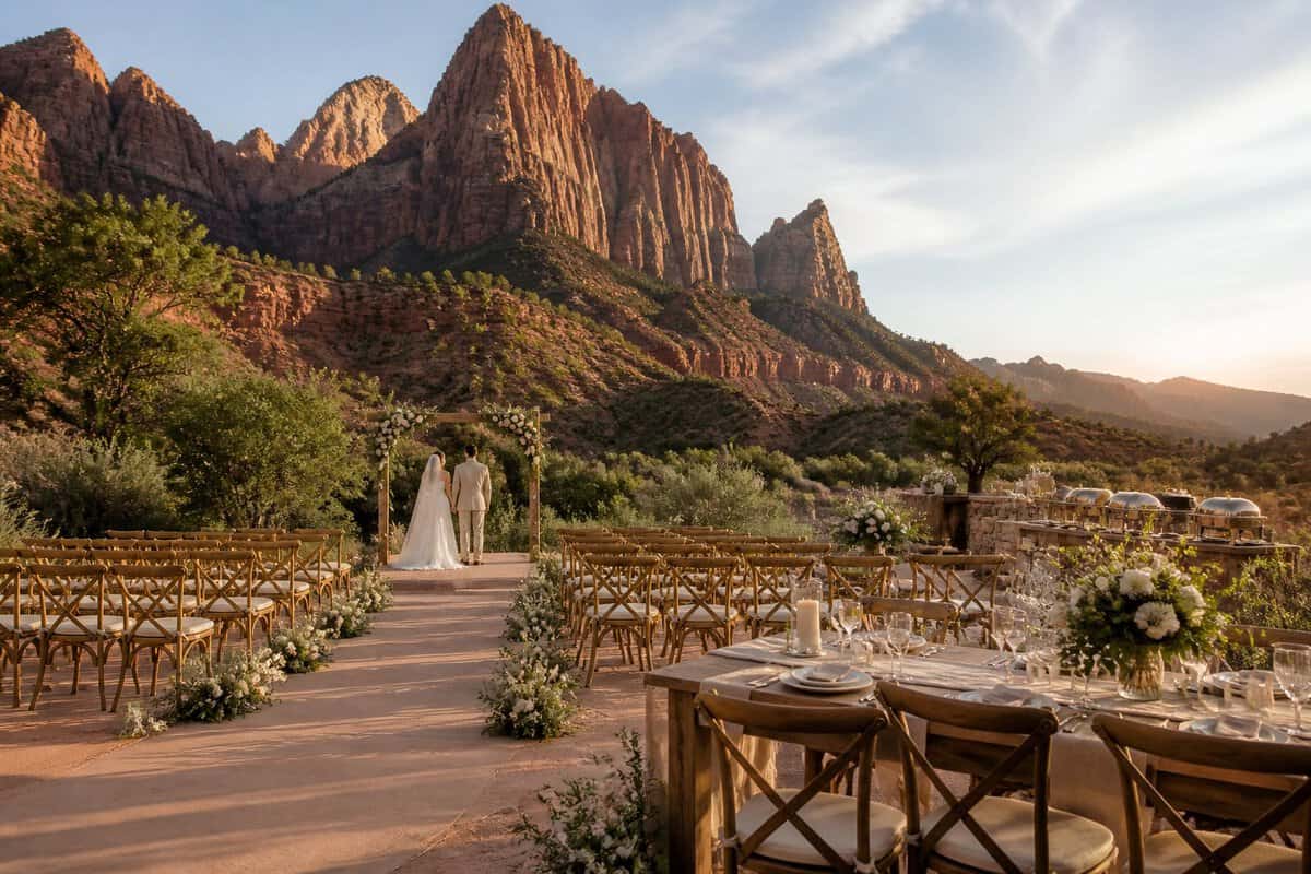 An outdoor wedding ceremony and reception venue surrounded by Zion’s red-rock cliffs.