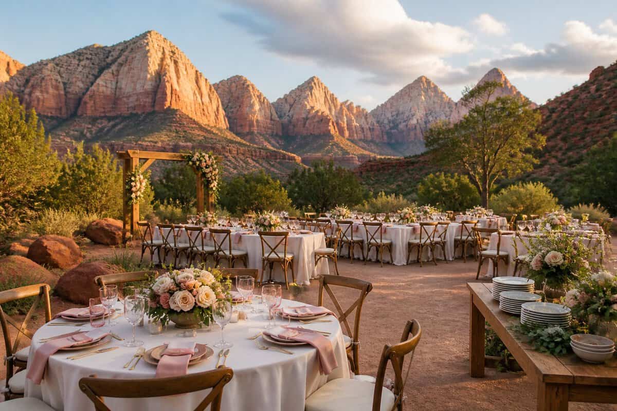 Outdoor wedding reception with intimate and larger seating areas among red rock cliffs.
