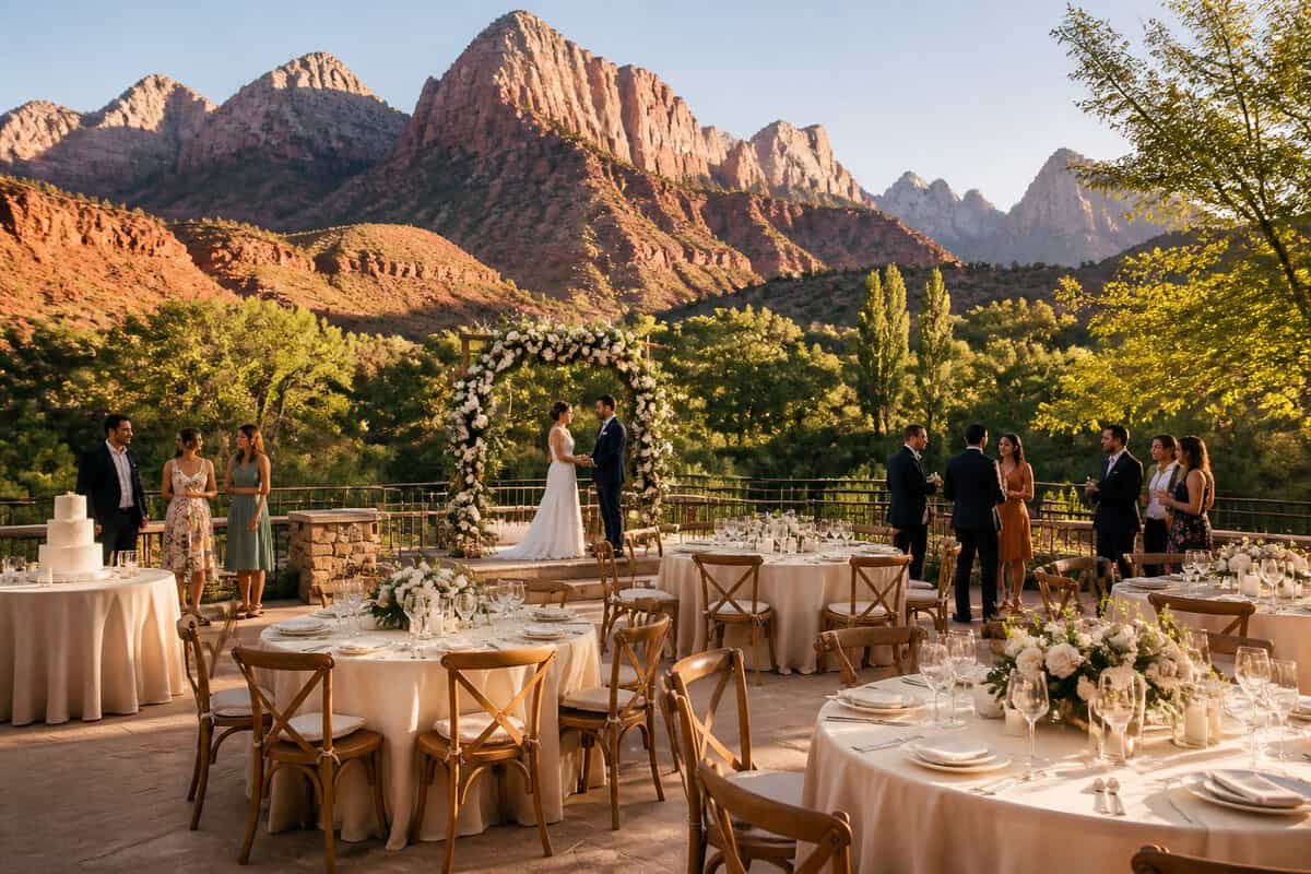 Outdoor wedding reception overlooking red sandstone cliffs near Zion Canyon.