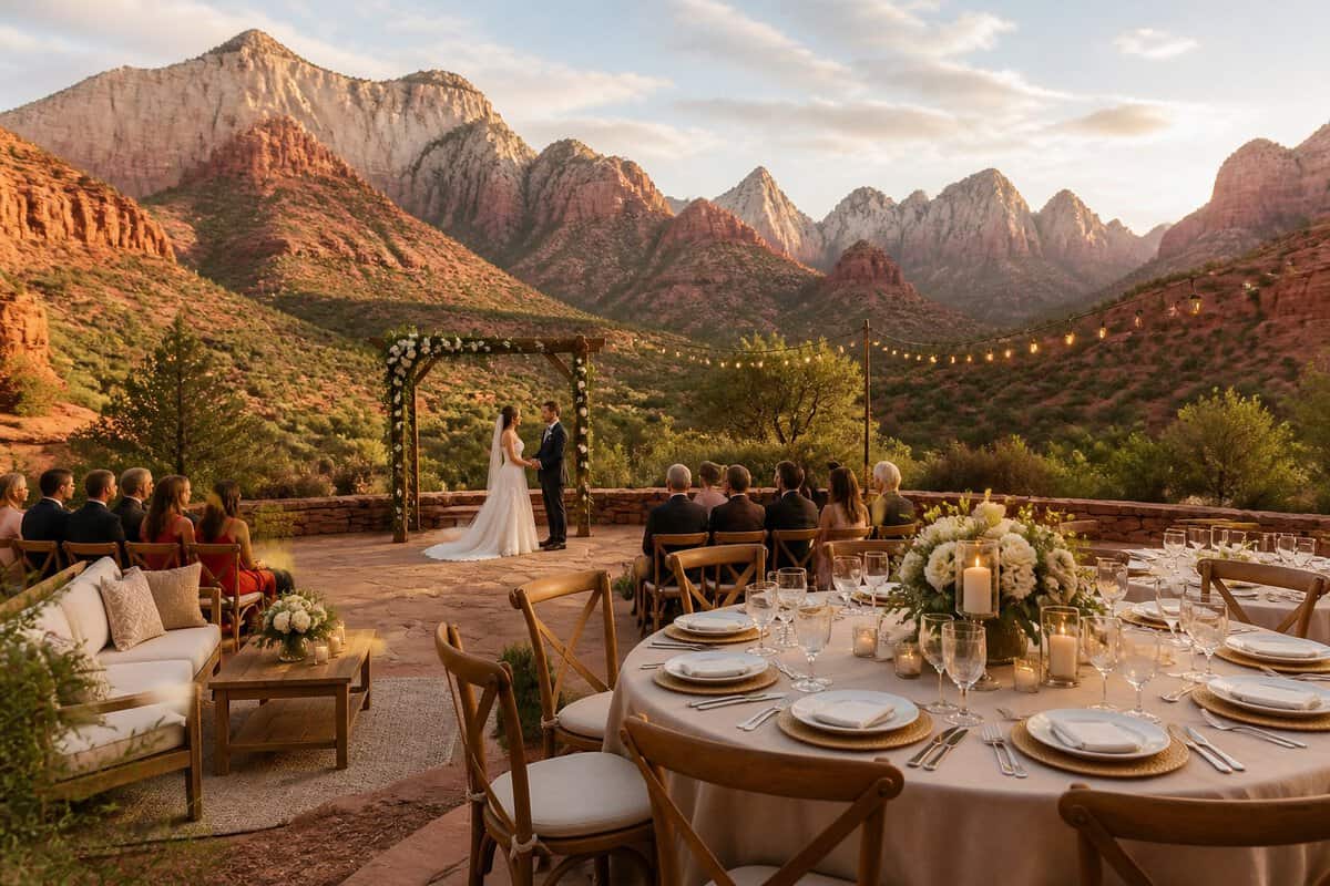 An elegant outdoor wedding venue with a ceremony arbor, reception tables, and guests set against red rock canyon scenery.
