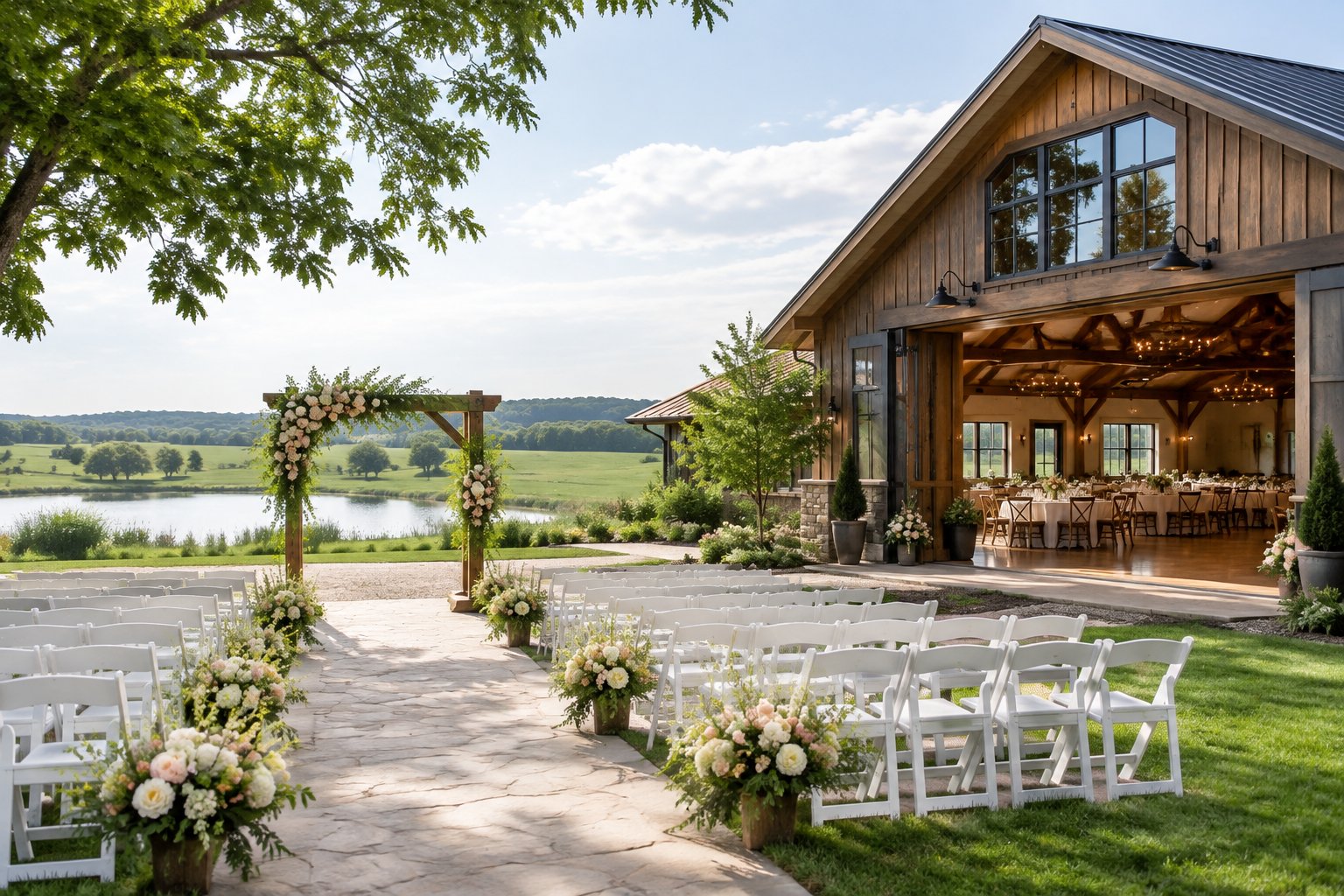 An elegant countryside wedding venue with a decorated ceremony area, reception tables, and green rural surroundings.