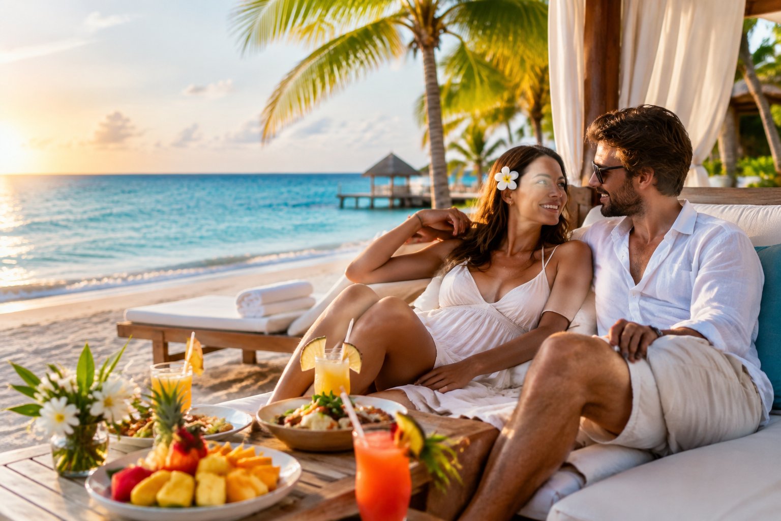 Newlywed couple relaxing together on a tropical Caribbean beach at a luxury resort.