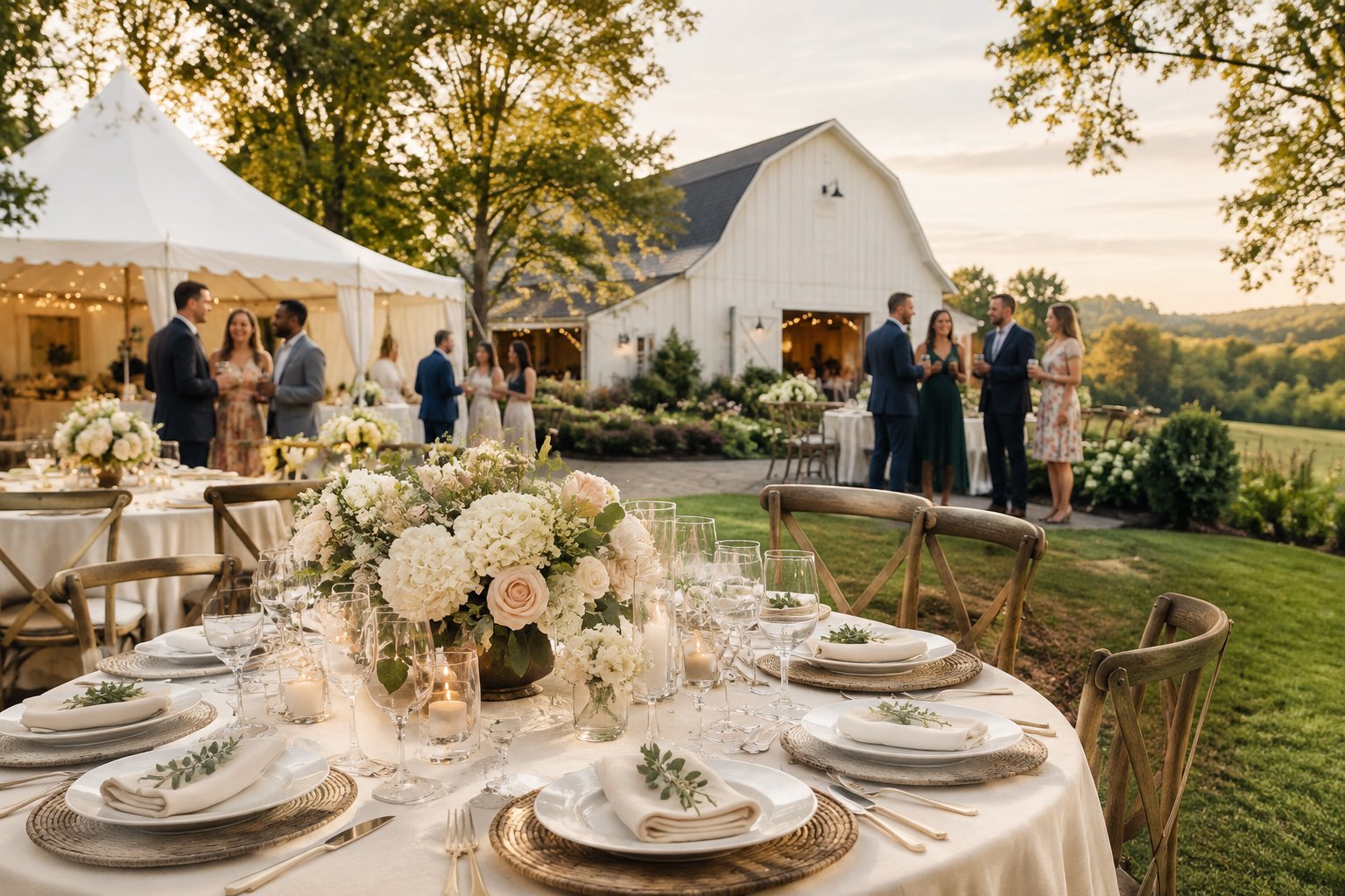 An elegant outdoor wedding reception at a countryside venue with decorated tables, floral centerpieces, and guests mingling.
