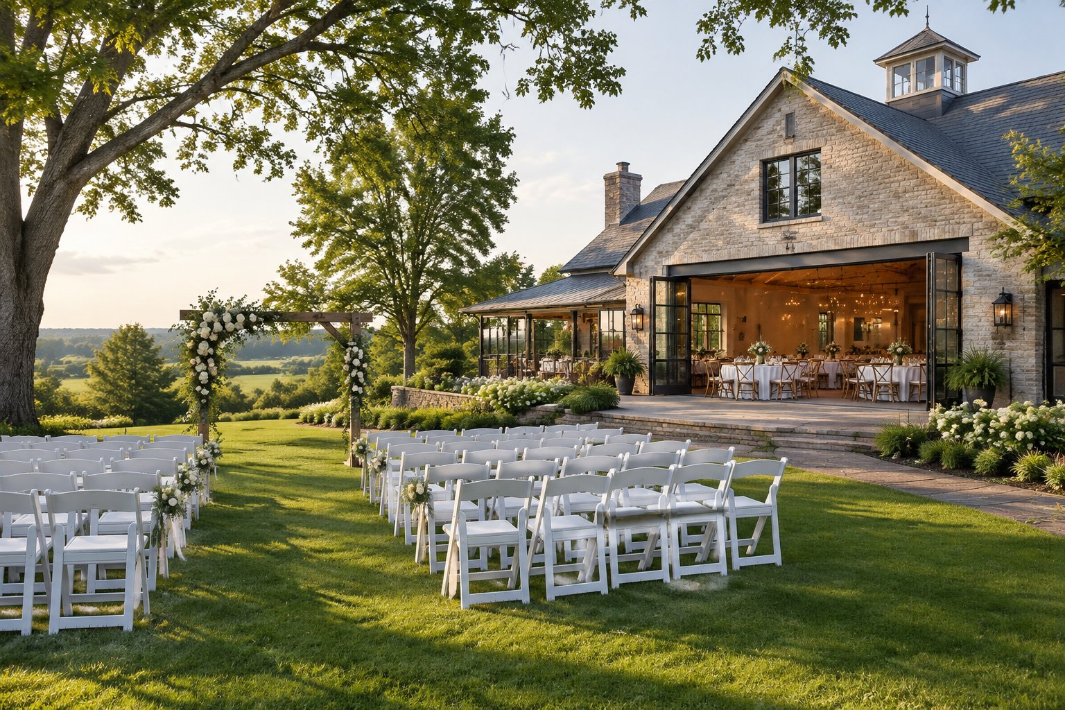 Elegant wedding venue with outdoor ceremony seating, floral arch, and reception tables on a landscaped property.
