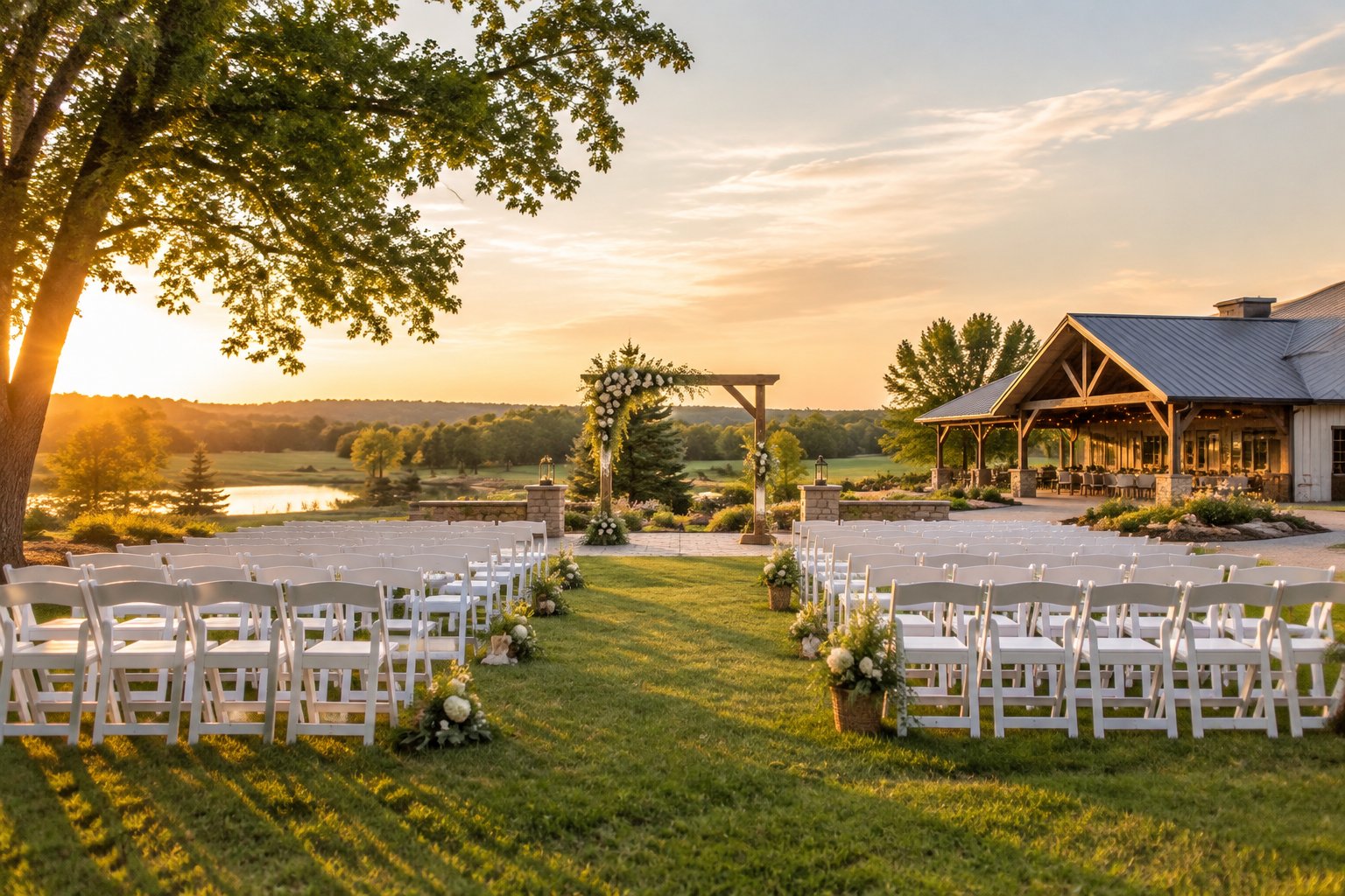 Elegant outdoor wedding ceremony setup at a countryside venue.