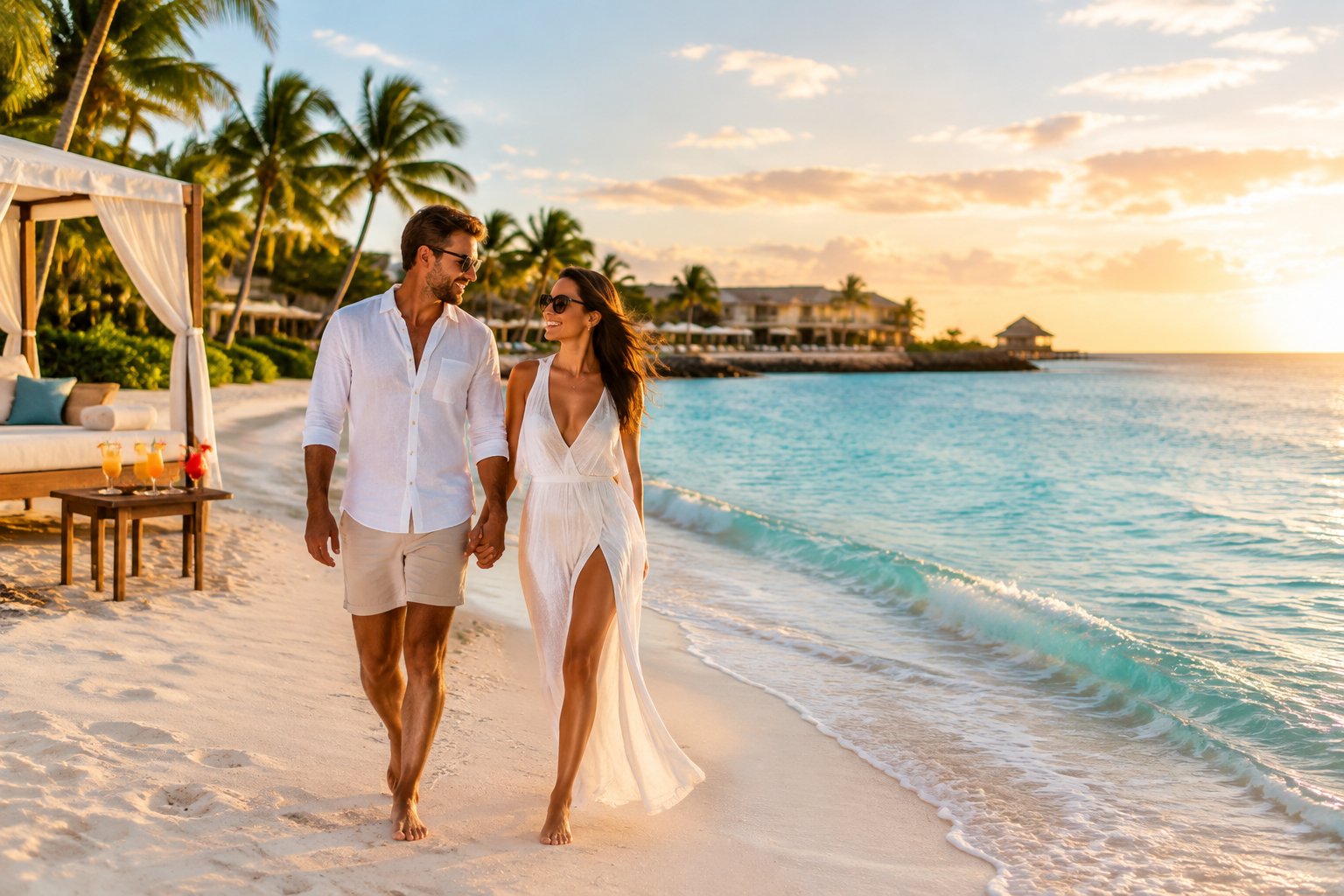 A newlywed couple walks hand in hand along a tropical Caribbean beach near a luxury resort.